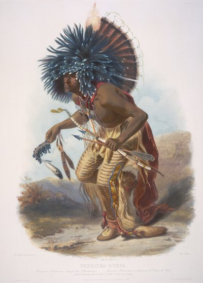 Moennitarri Warrior in the Costume of the Dog Dance. Pehriska-Ruhpa by Karl Bodmer